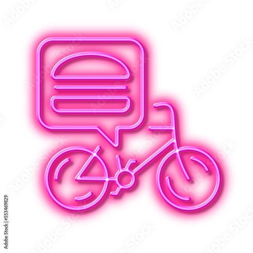 Food delivery bike line icon. Contactless meal order sign. Neon light effect outline icon.