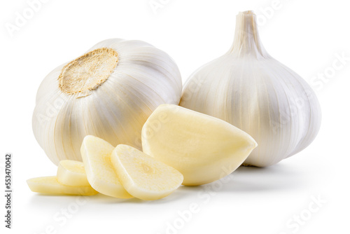 Garlic bulb and clove isolated. Garlic bulbs with sliced cloves on white background. White garlic bulb composition. With clipping path. Full depth of field.