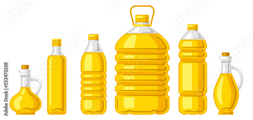 Illustration of bottles with sunflower oil. Image for culinary and agriculture.