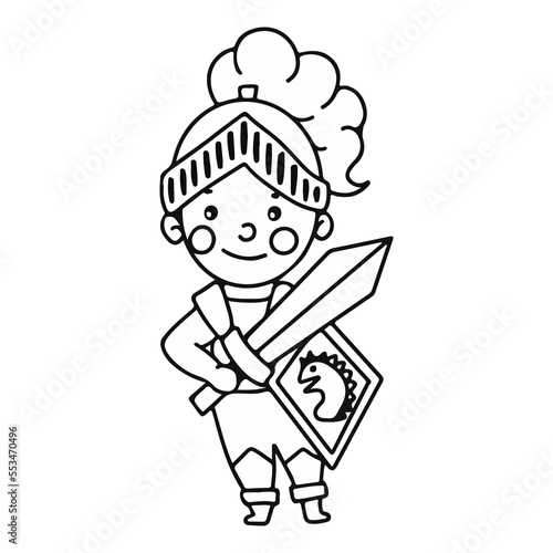 The little knight. Middle Ages. Coloring book Metal armor. Knight tournaments. Children in fairy costumes, isolated vector illustration.