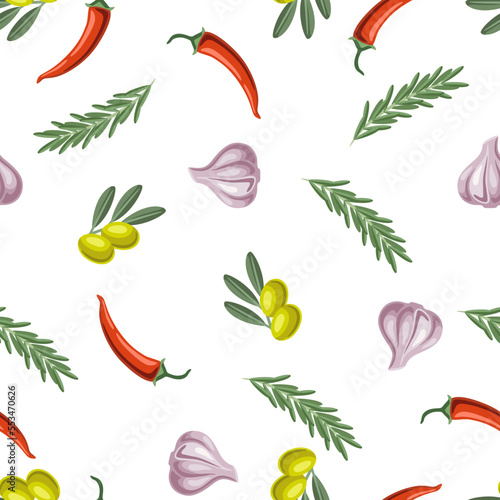 Seamless pattern with rosemary and chili pepper, olive branch and garlic. Spicy for cooking.