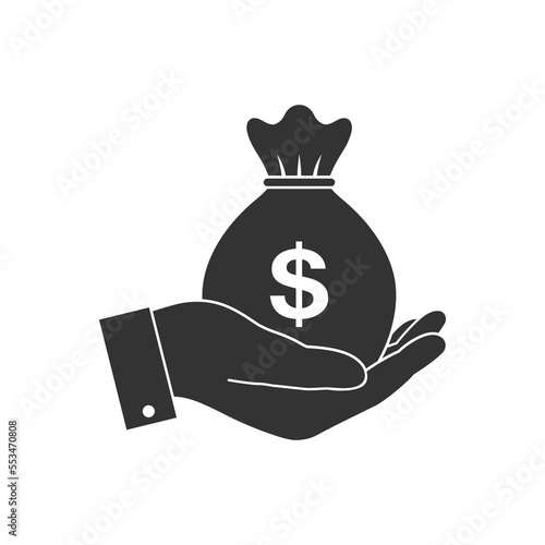 Investing graphic icon. Bag with money in hand sign isolated on white background.  Investment symbol. Vector illustration