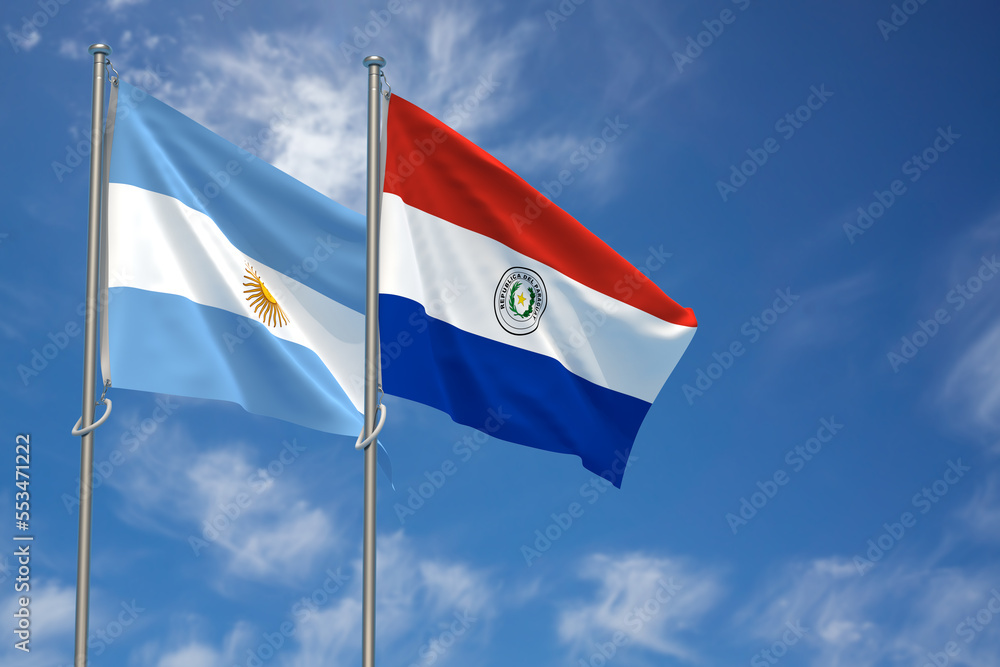 Argentina and Republic of Paraguay Flags Over Blue Sky Background. 3D Illustration Argentina and Republic of Paraguay Flags Over Blue Sky Background. 3D Illustration