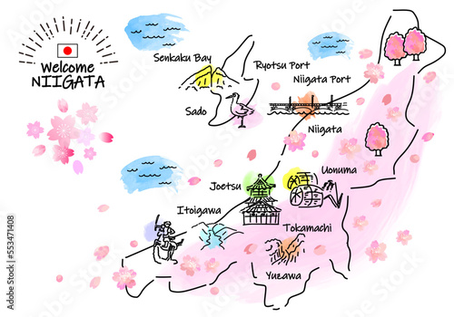 春の新潟県の観光地のシンプル線画イラストマップ（ピンク）