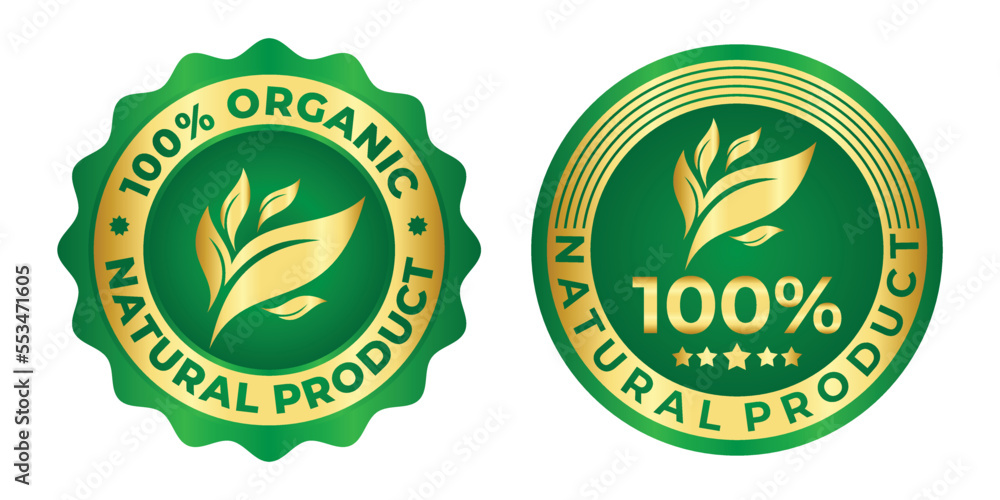 Organic natural herbal badge logo vector with green and gold color for product label - obrazy, fototapety, plakaty 
