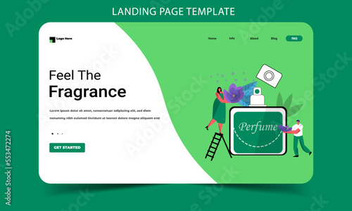 Tiny people making aromatic perfume, cartoon persons with flowers, deodorant flat landing page vector design