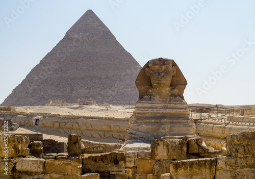 Sphinx statue and Cheops pyramid in Giza Egypt