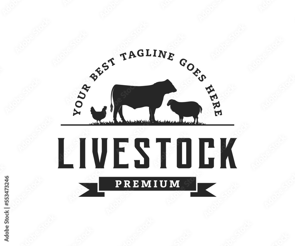 Vintage livestock logo with cow, chicken, and lamb. Animal farm fresh logo design template