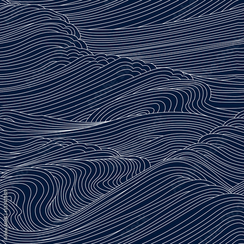 Abstract wave lines on a white background. Vector contour illustration. Seamless freehand drawing with blue waves