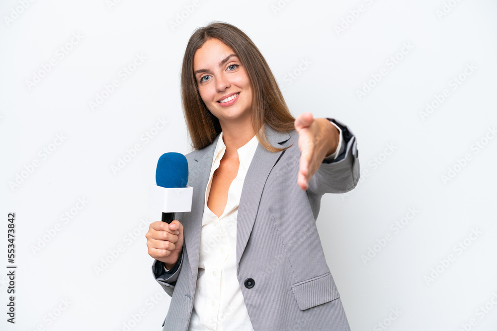 Young TV presenter caucasian woman isolated on white background shaking hands for closing a good deal Young TV presenter caucasian woman isolated on white background shaking hands for closing a good deal