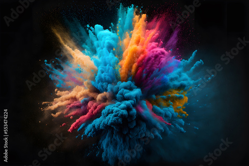 3D illustrative drawing of multicolored powder explosion on dark background. Generative AI.	