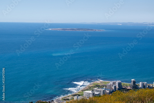 top angle view of seapoint and robben island taken from the coast of cape town