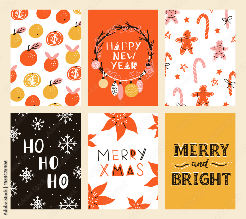 Naklejka premium Vector collection of Christmas poster templates. New year 2023 set of christmas greeting cards. Bright colors. presents and hand written lettering for your invitation and design.
