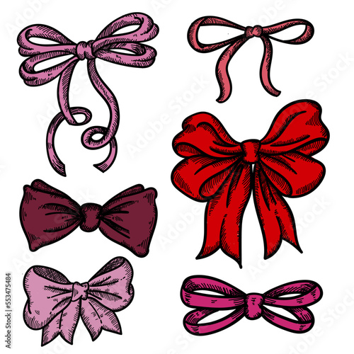 Beautiful hand drawn ribbon decorative bows set vector illustration