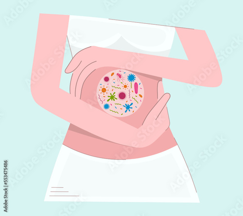 Microflora, viruses in the human intestine, microscopic bacteria.Flat vector character design for demonstration in textbooks, web. The gastrointestinal tract in the gentle hands of a woman. Body care.