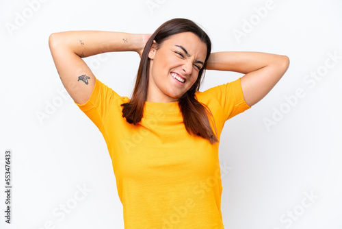 Young caucasian woman isolated on white background laughing