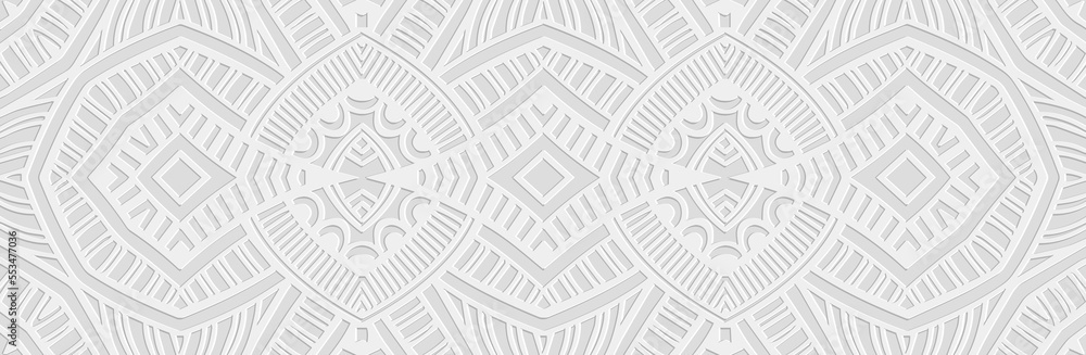 Banner, cover design. Embossed geometric 3d pattern on a white background, paper press, elegant doodle and zentangle technique. Tribal ethnic motifs, unique exotic ornaments in boho style.
