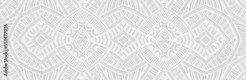 Banner, cover design. Embossed geometric 3d pattern on a white background, paper press, elegant doodle and zentangle technique. Tribal ethnic motifs, unique exotic ornaments in boho style.
