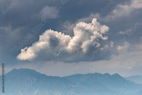 Mount Baldo (Monte Baldo) panorama wiev,Panorama of the gorgeous Garda lake surrounded by mountains, clouds