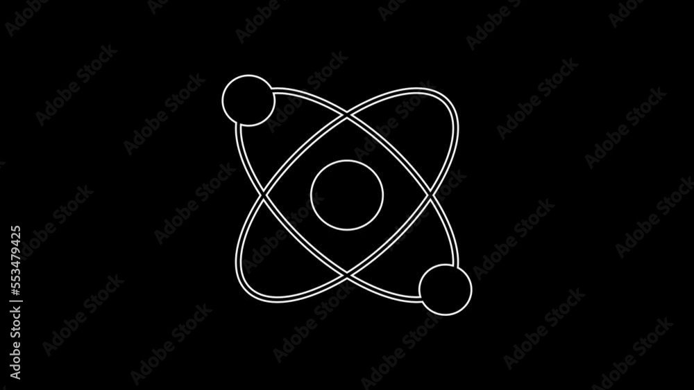 White line Atom icon isolated on black background. Symbol of science, education, nuclear physics, scientific research. 4K Video motion graphic animation White line Atom icon isolated on black background. Symbol of science, education, nuclear physics, scientific research. 4K Video motion graphic animation