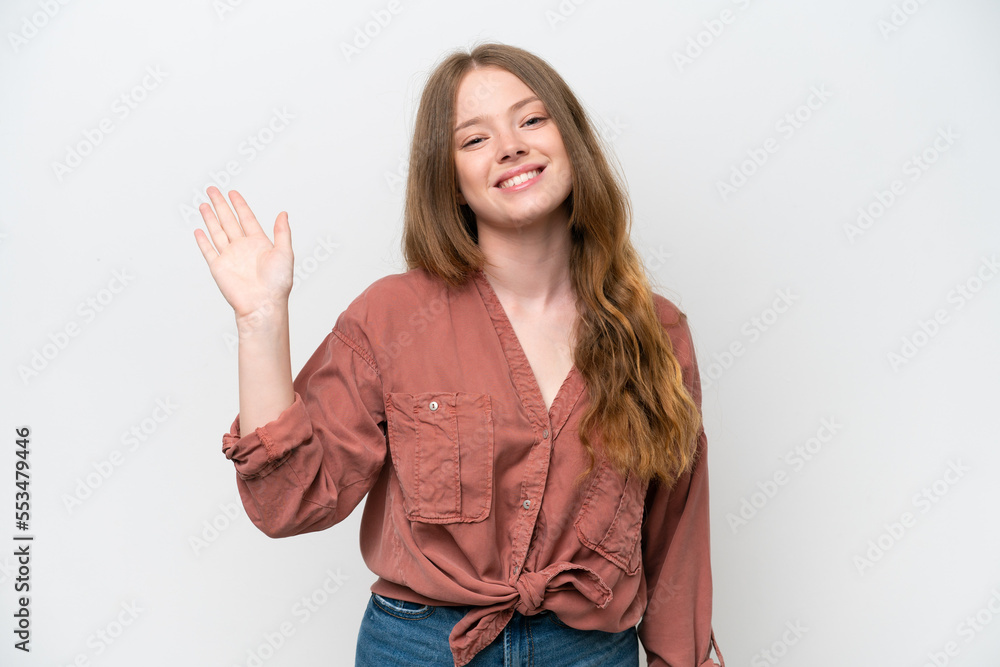 Young pretty woman isolated on white background saluting with hand with happy expression Young pretty woman isolated on white background saluting with hand with happy expression