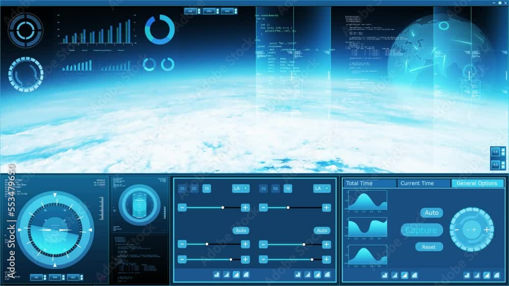 Futuristic spaceship control panel interface. Spacecraft digital dashboard background with indicators and tools. The concept of space travel, space exploration and science.