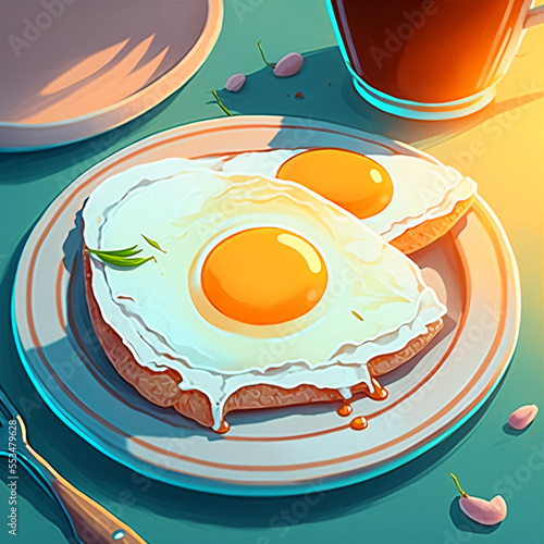 Fried eggs on a plate, cartoon style, breakfast poster, AI Generated illustration.