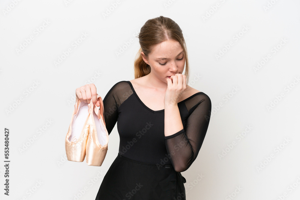 Young woman practicing ballet isolated on white background having doubts Young woman practicing ballet isolated on white background having doubts