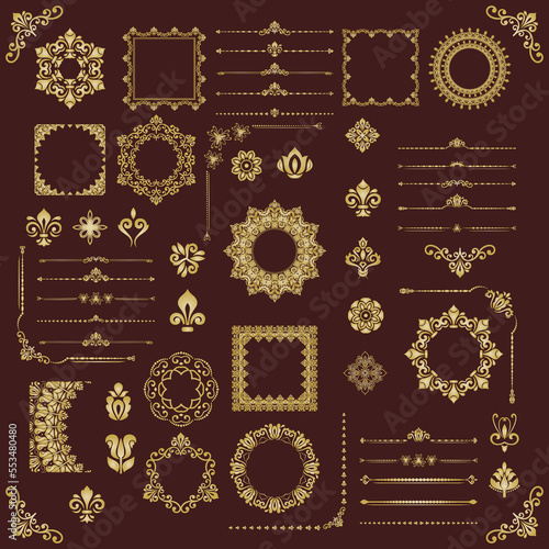 Vintage brown and golden set of vector horizontal, square and round elements. Elements for backgrounds and frames. Classic patterns. Set of vintage patterns