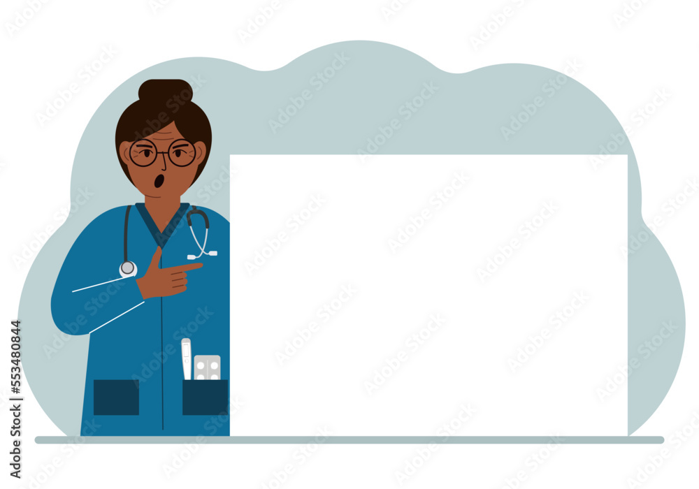 A female doctor in a lab coat is holding a large piece of paper. The doctor points to a blank sheet of paper to write your personal message or advice. A female doctor in a lab coat is holding a large piece of paper. The doctor points to a blank sheet of paper to write your personal message or advice.