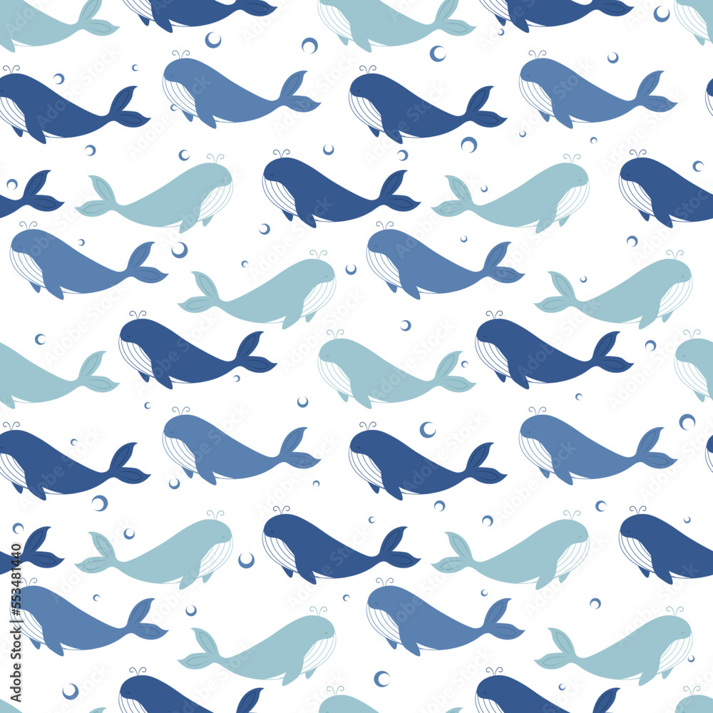 Naklejka premium Seamless vector pattern with hand drawn whales and bubbles