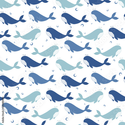 Seamless vector pattern with hand drawn whales and bubbles
