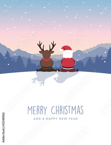 christmas greeting card with cute deer and santa on winter landscape