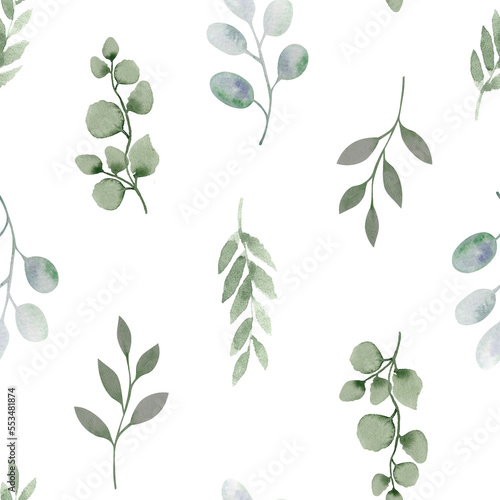 Watercolor winter greenery seamless pattern. Floral border with pastel green and grey leaves.