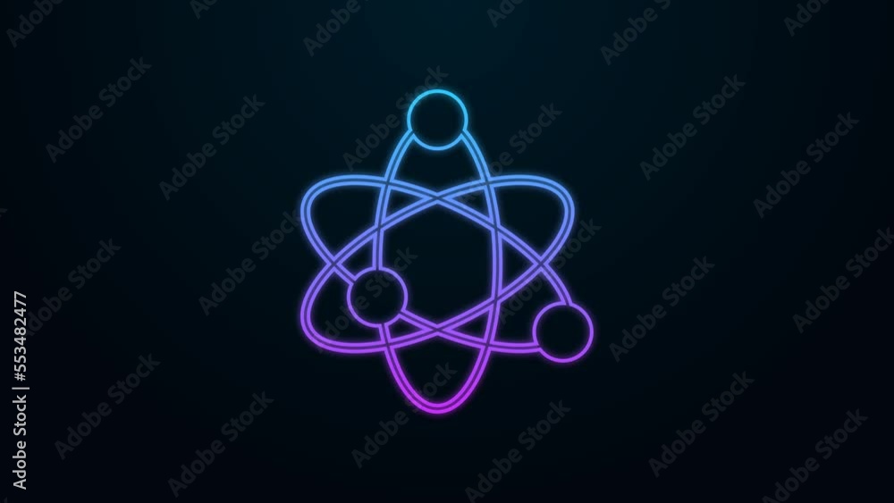 Glowing neon line Atom icon isolated on black background. Symbol of science, education, nuclear physics, scientific research. 4K Video motion graphic animation Glowing neon line Atom icon isolated on black background. Symbol of science, education, nuclear physics, scientific research. 4K Video motion graphic animation