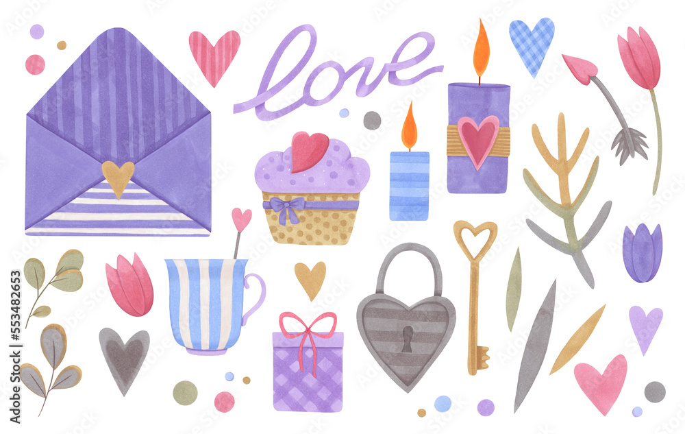 Valentine's Day. A set of colored doodle elements drawn by hands. Envelope, flowers, gifts, hearts, cakes. Marker Art Valentine's Day. A set of colored doodle elements drawn by hands. Envelope, flowers, gifts, hearts, cakes. Marker Art