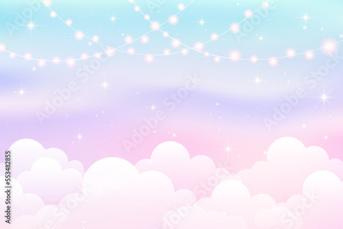 Cloudy sky with lights garland. Cute pastel background. Magic fluffy backdrop for banner, invitation and template. Cartoon vector scene