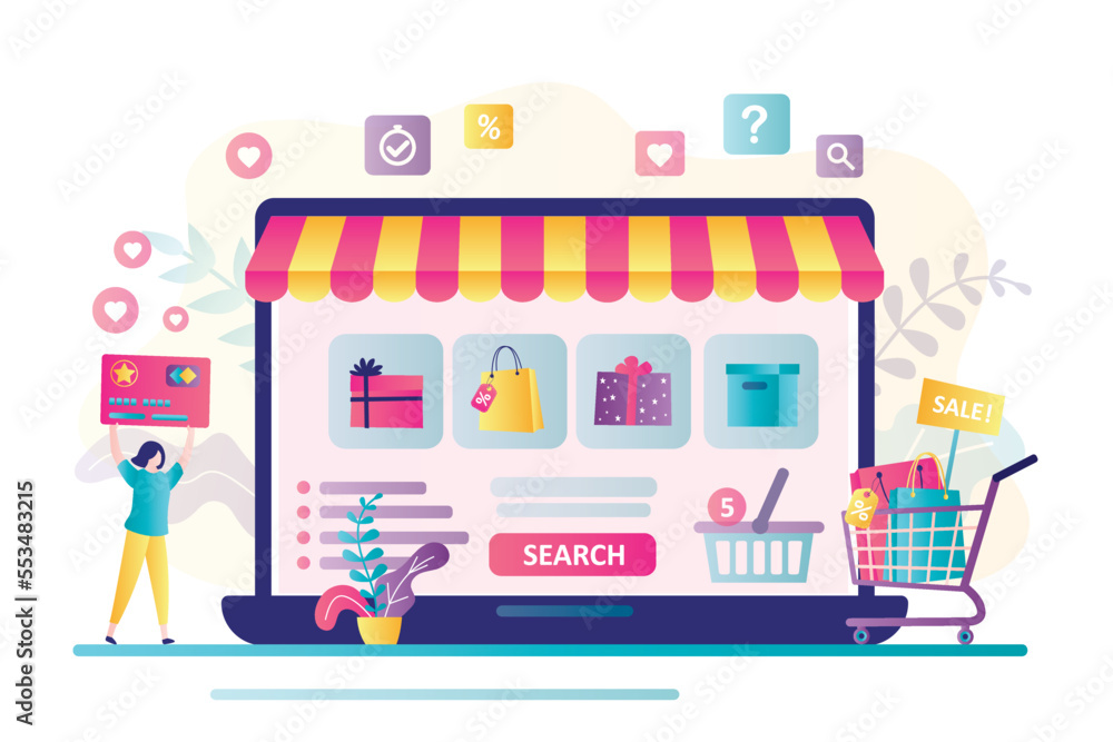 Internet shopping, e-commerce. Online store on laptop screen. Woman customer holds credit card and fills virtual shopping cart with goods. Making remote purchases. Internet shopping, e-commerce. Online store on laptop screen. Woman customer holds credit card and fills virtual shopping cart with goods. Making remote purchases.