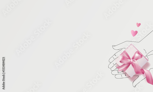 Hands Hold Gift Box Wrapped with Pink Ribbon. Top View Vector illustration. Surprise and holiday concept © ira_qiwi