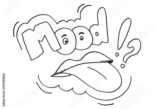 Tongue with question mark symbol sign. Cartoon emoji expressing boredom and tiredness.