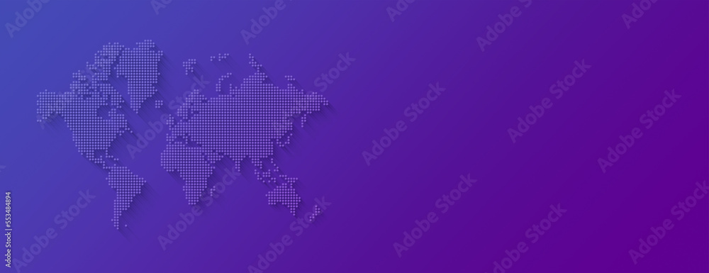 Illustration of a world map made of dots on a purple background. Horizontal banner Illustration of a world map made of dots on a purple background. Horizontal banner
