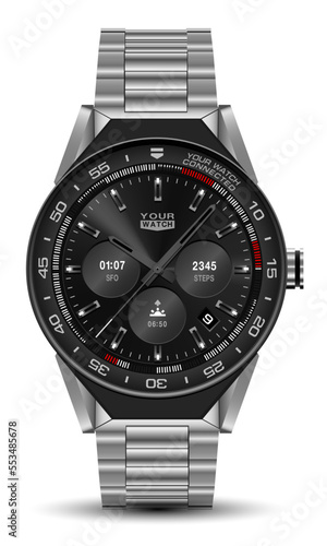 Realistic watch clock chronograph stainless steel black design modern luxury fashion object for men on white background vector