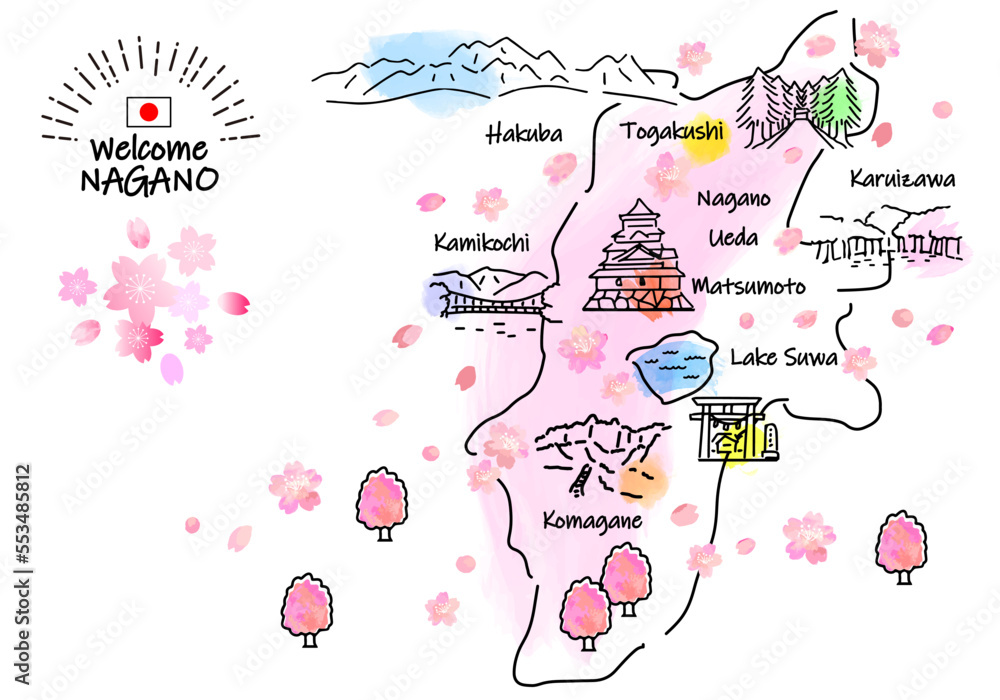 春の長野県の観光地のシンプル線画イラストマップ（ピンク）