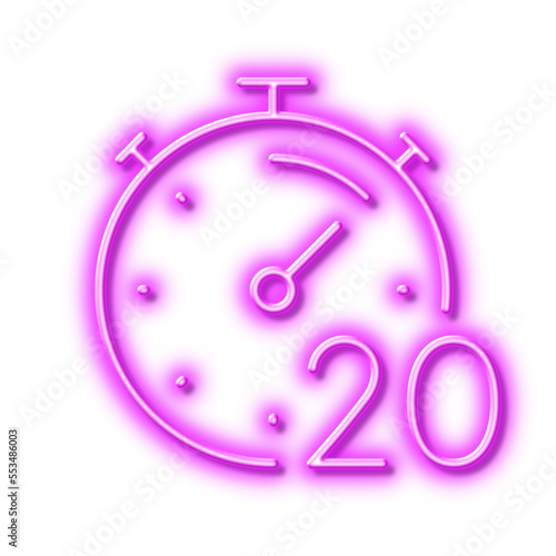 Timer 20 minutes line icon. Stopwatch time sign. Neon light effect outline icon.