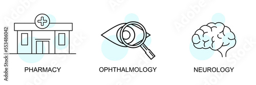 Set of medical icons in linear style. Medical icons Pharmacy, Ophthalmology, Neurology. vector 