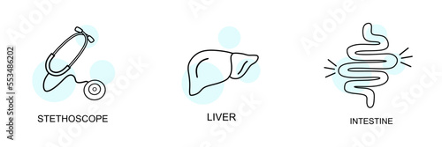 Set of medical icons in linear style. Medical icons Stethoscope, Liver, Intestine. vector 