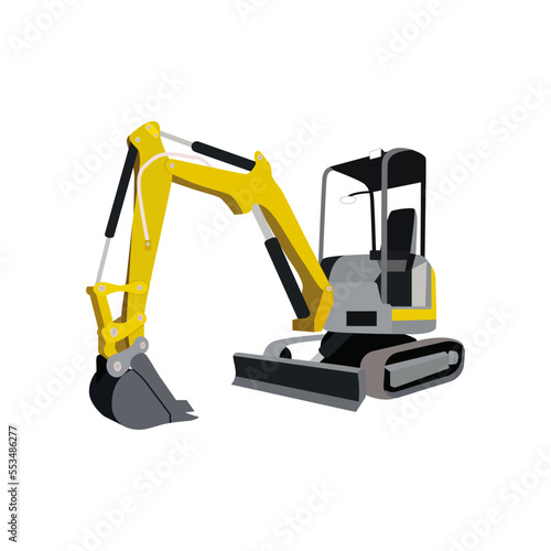 Сompact excavator isolated on the white background. Vector illustration of copmact industrial machine with scoop