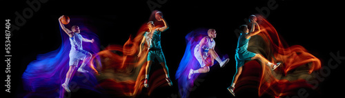 Collage. Two active men, basketball players in uniform training, playing isolated over dark studio background in neon mixed lights