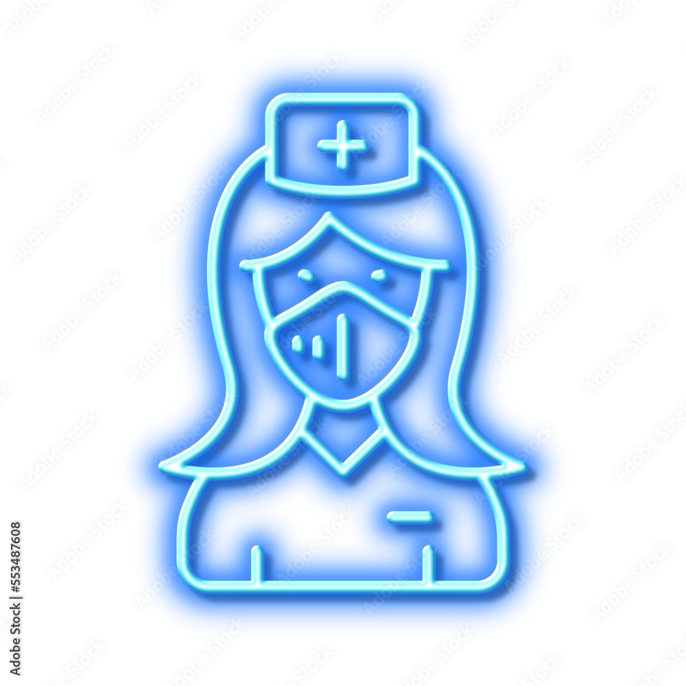 Nurse with medical mask line icon. Doctor assistant sign. Neon light effect outline icon. Nurse with medical mask line icon. Doctor assistant sign. Neon light effect outline icon.