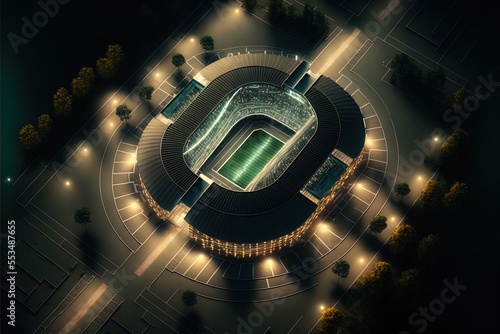 illumination of a soccer stadium at night seen from above. Generative AI photo